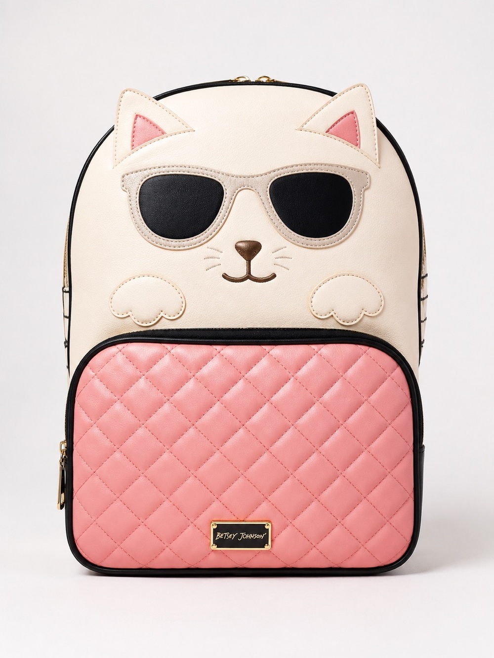 Betsey Johnson Cream Cat Backpack with Pink Quilted Pocket